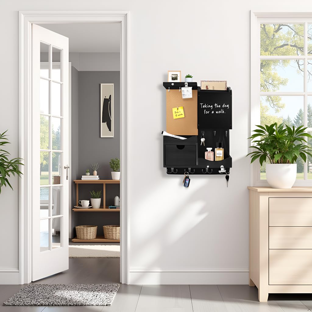 HEKOOLA Key Holder Wall Mount, Mail Organizer Key Holder for Wall with Shelf, Drawer, Chalkboard, Corkboard, Home Decor Mounted for Room Entryway (Black)