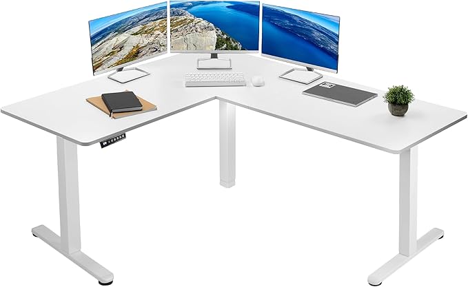 VIVO Corner Standing Desk, 63 x 55 inch Reversible L-Shaped Workstation, Electric Height Adjustment, Home, Office, and Reception Rooms, White Table Top White Frame, DESK-E3CTW