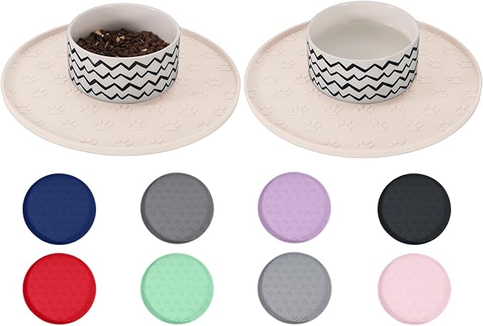 Comtim Waterproof Dog Food Mat - 2 Pack Silicone Pet Food Mat Dog Food Bowl Mats Cat Water Mats Eating Tray, Non-Slip Pet Placemat with Lip for Messy Drinkers to Protect Floor,Dark Grey 11"×11"