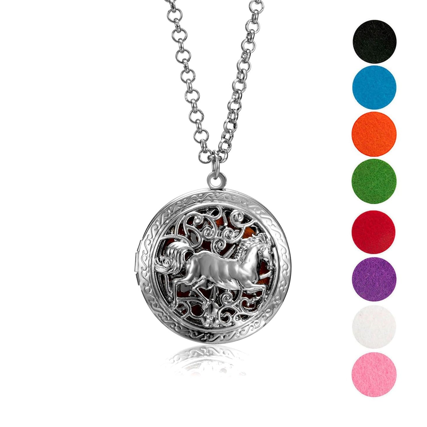 Wild Essentials Wild Horse Essential Oil Diffuser Nickel Free Alloy Locket Pendant with 24 inch Chain, 8 Refill Pads, Customizable Color Changing Perfume Jewelry for Aromatherapy