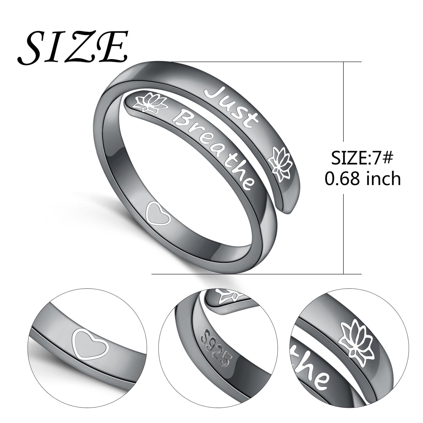 Just Breathe Rings 925 Sterling Silver Yoga Lotus Flower Stacking Wrap Spiral Twist Statement Band Encouragement Hope Ring for Women Men,Black Adjustable Inspirational Ring