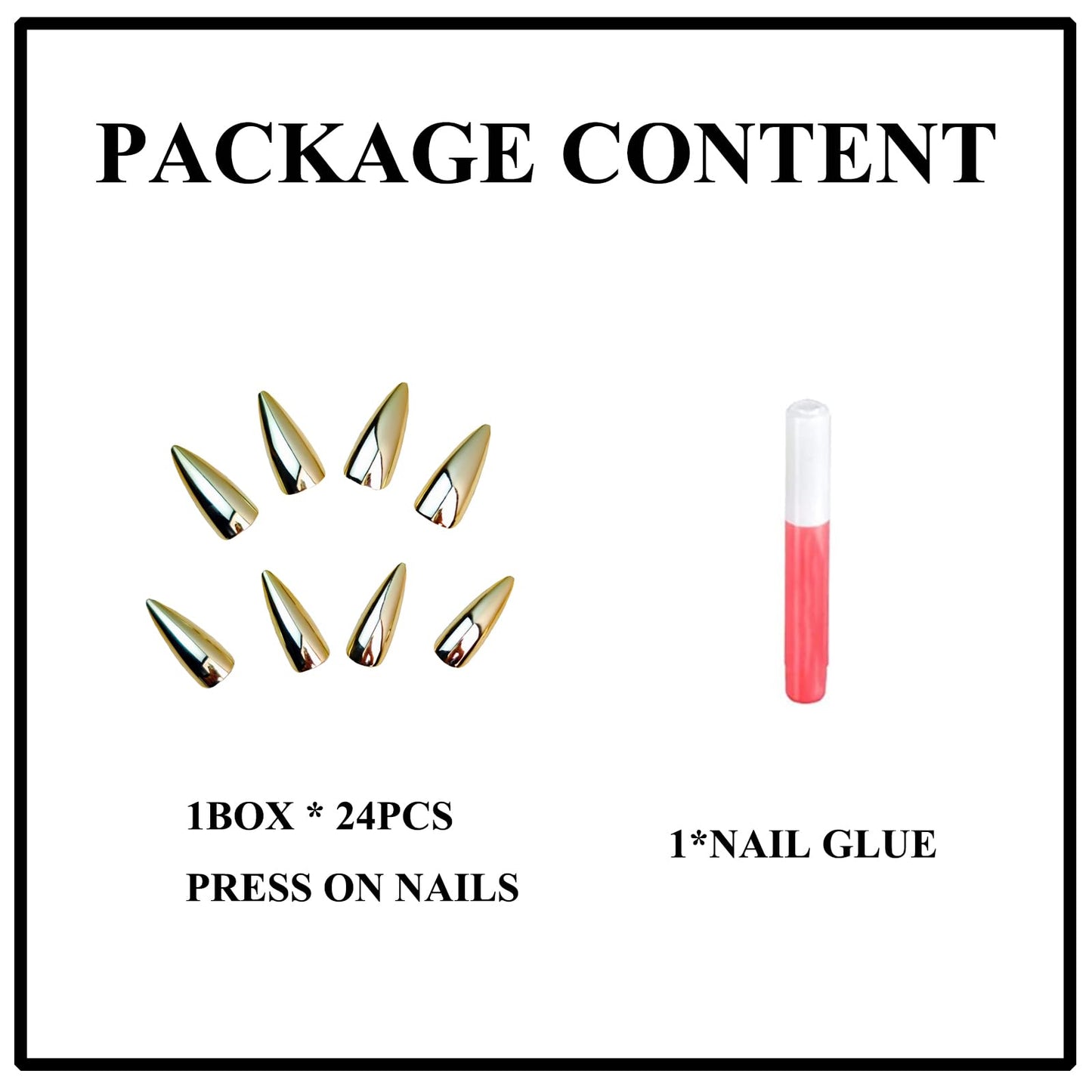 MERVF Long Stiletto Press on Nails Almond, Gold Chrome Fake Nails Solid Color Design Glue ons Luxury Electroplated Acrylic Nail Glossy 24pcs