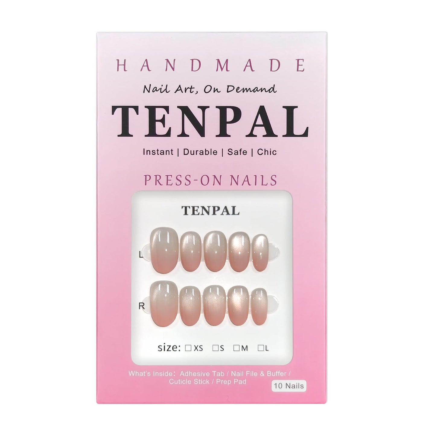 TENPAL Iridescent Cat Eye Press on Nails Medium Oval - Pink Ombre Waterglass Glitter & Handmade, Reusable Sheer False Nails for Everyday(XS)