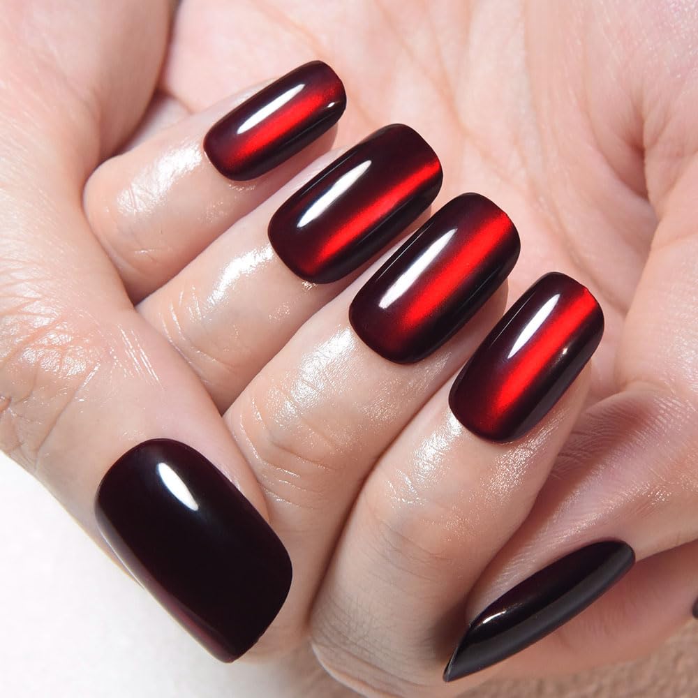 evpct Dark Blood Red Metallic Cat Eye Press on Nails Square Medium, Stick on Nails Medium Length Square for Women, Red Metallic Nail press ons, Iridescent Glitter Halloween Acrylic Fake Press on Nail