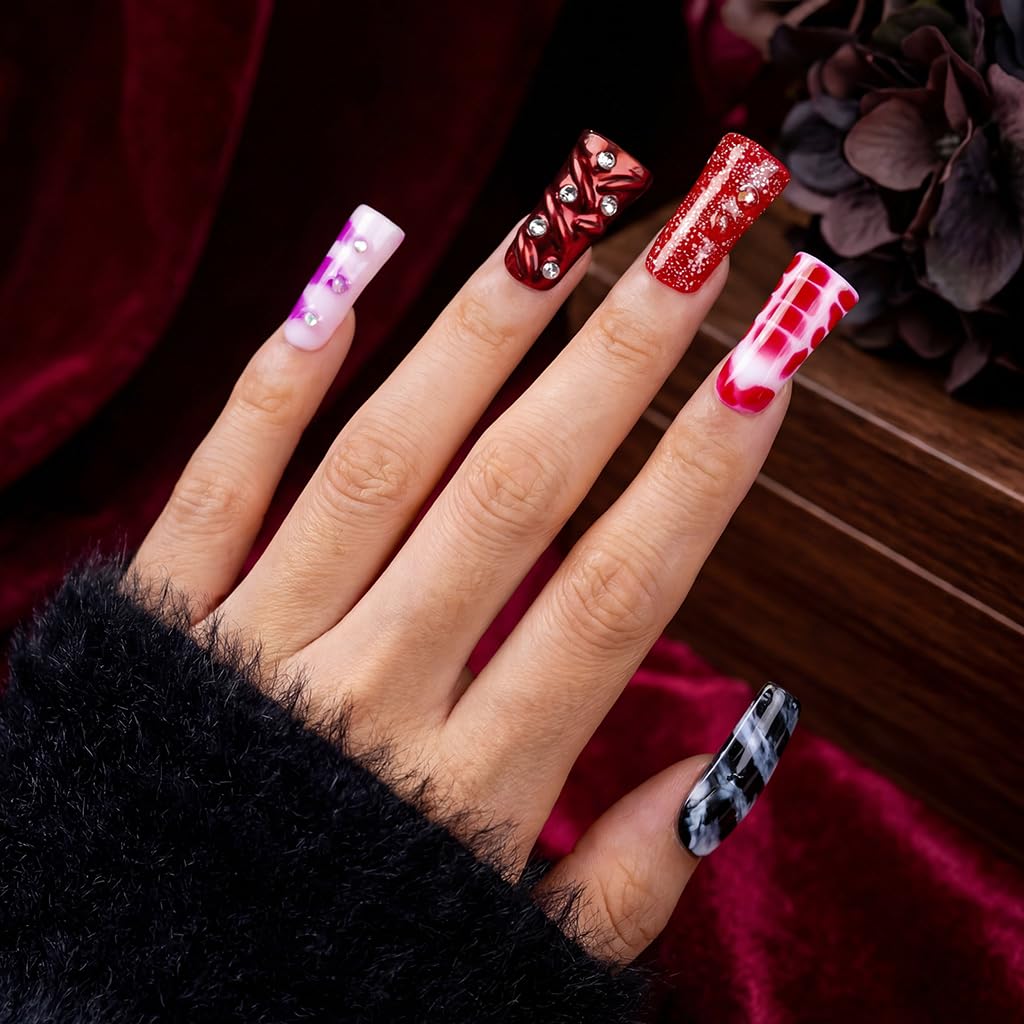 IntoVibes 10 Pieces Candy Pop Mix Long Duck Press On Nails, Multi-Color Y2K Design, Reusable Fake Nails with Mixed Patterns, Reusable Fake Nails, Acrylic Nails (L)