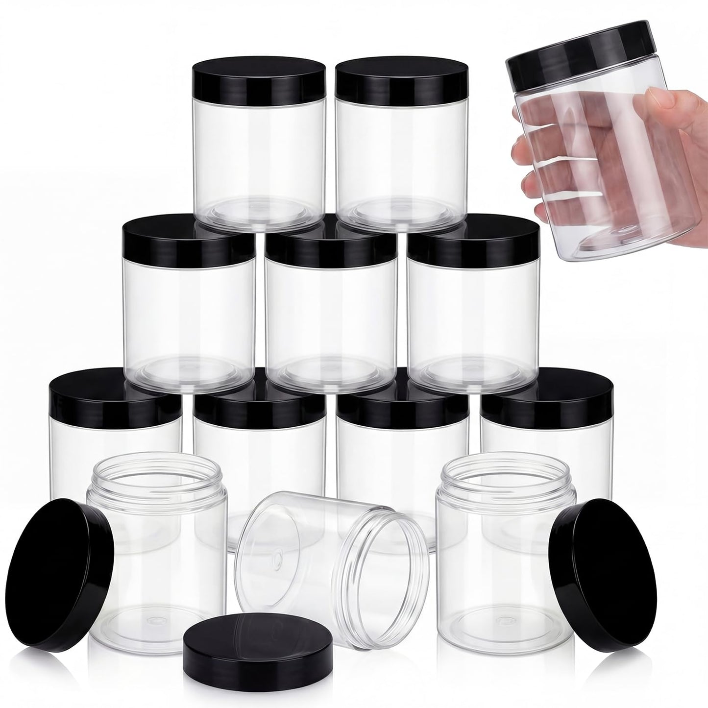 SATINIOR 12 Pack 16 oz Plastic Container Jars with Lids Round Clear Travel Cosmetic Container Slime Jars for Toiletries, Lotion, Cream, Ointments, Makeup, Rhinestone, Samples, Kitchen Storage(Black)