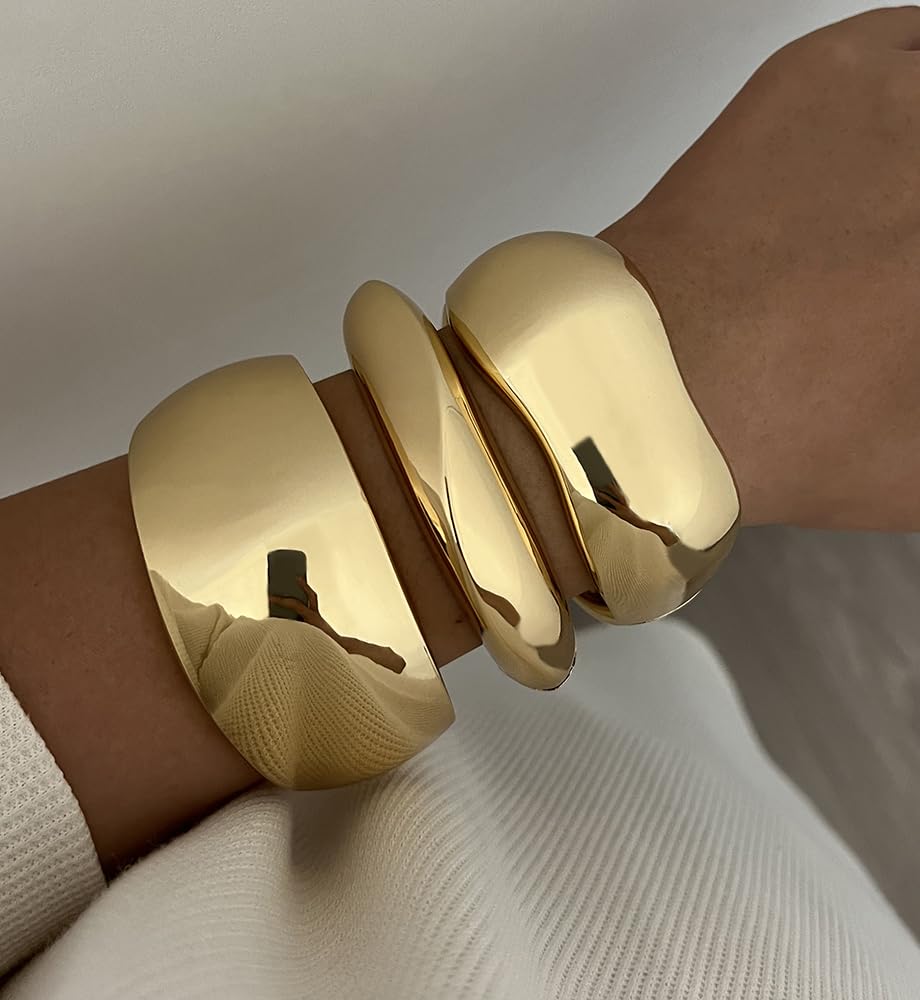 Chunky Gold Bangle Bracelets for Women, Dainty 14k Gold Plated Thick Stackable Bangles Set, Non Tarnish Cuff Bracelet Stack Trendy Stuff Gifts for Daughter Wife Mom