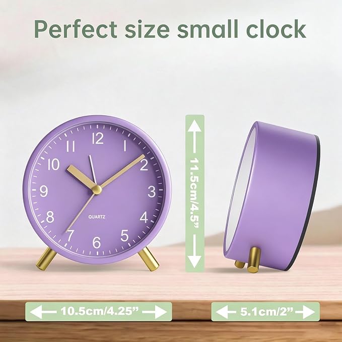 Analog Alarm Clock, Silent Non-Ticking with Night Light, Fashionable Round Metal Alarm Clock for Office, Battery Operated Alarm Clock for Bedroom, Elderly, Adults, Children, Student Gifts