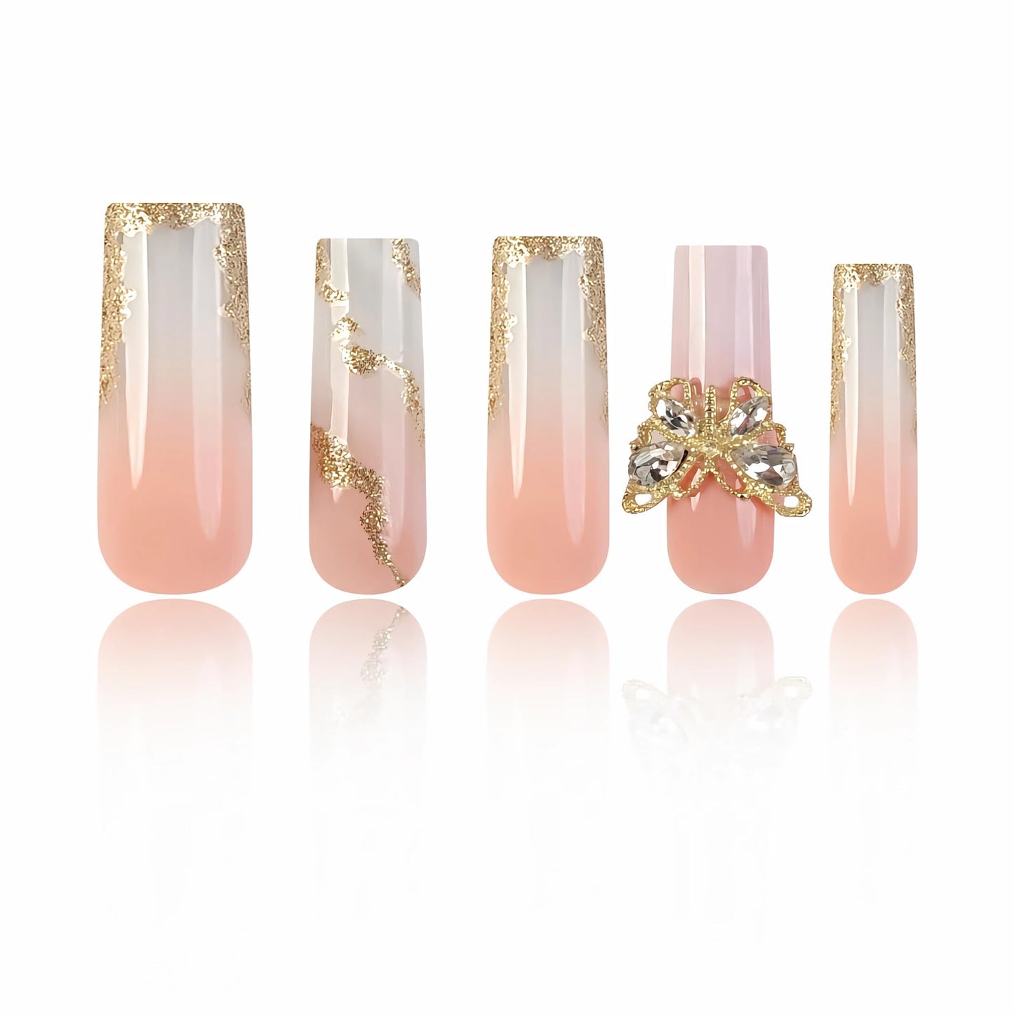 BABALAL Long Square Press on Nails, Pink White Gradient Golden Glitter Swirl 3D Butterfly Charm Design Acrylic Squoval Nails 24 Pieces