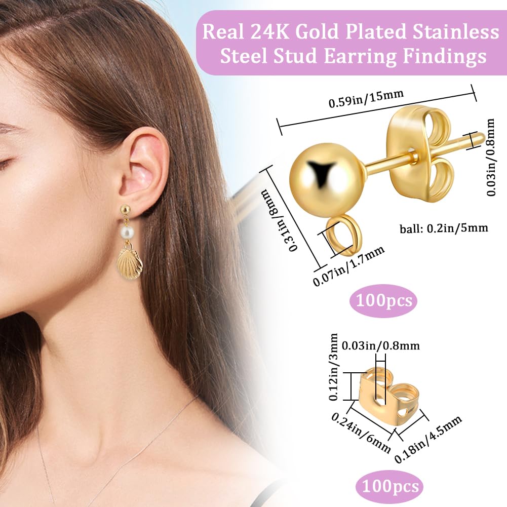 Beebeecraft 1 Box 100Pcs Ball Post Earring Studs Gold Earring Posts with Loop Small 5mm Round Ball 24K Gold Plated Stainless Steel Stud Earring Findings for Jewelry Making Earrings Supplies DIY Crafts