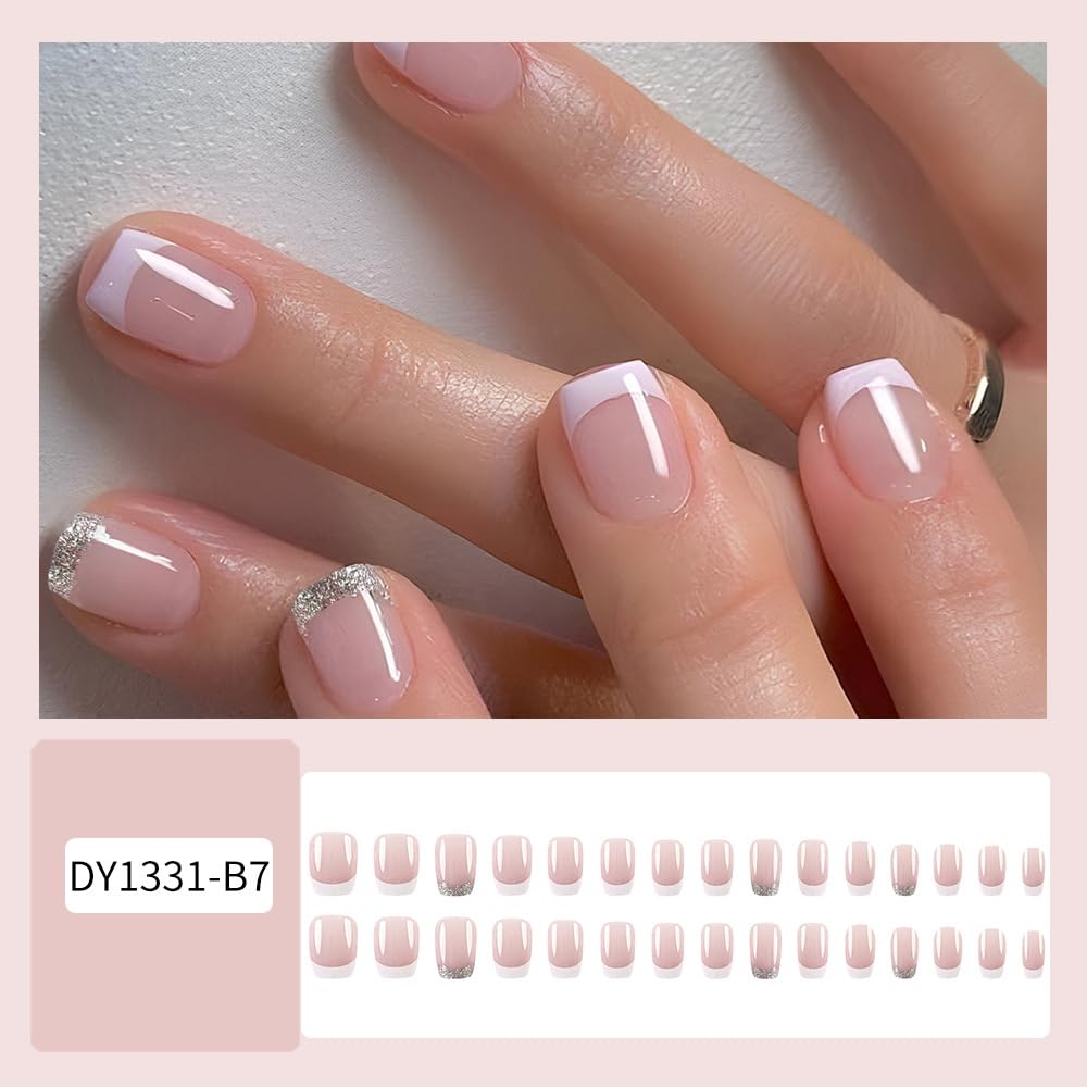 24Pcs White French Tip Press on Nails Short Square Fake Nails with French Glitter Designs Glossy Nail Tips Cute Full Cover Acrylic Nails Artificial Nude False Nails Natural Glue on Nails for Women