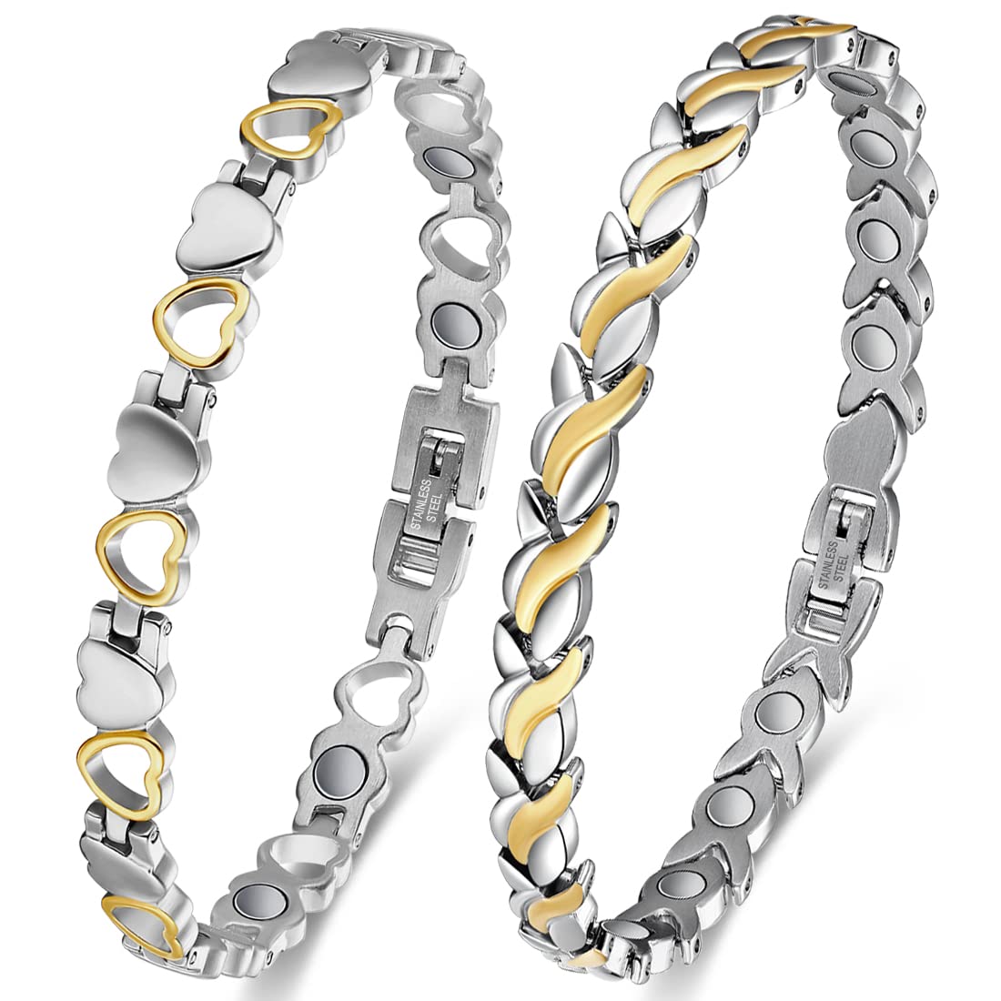 Vicmag Magnetic Bracelets for Women Titanium Steel Bracelet Strong Magnets with Adjustment Tool & Present Box (Silver Gold Fishtail & Love)