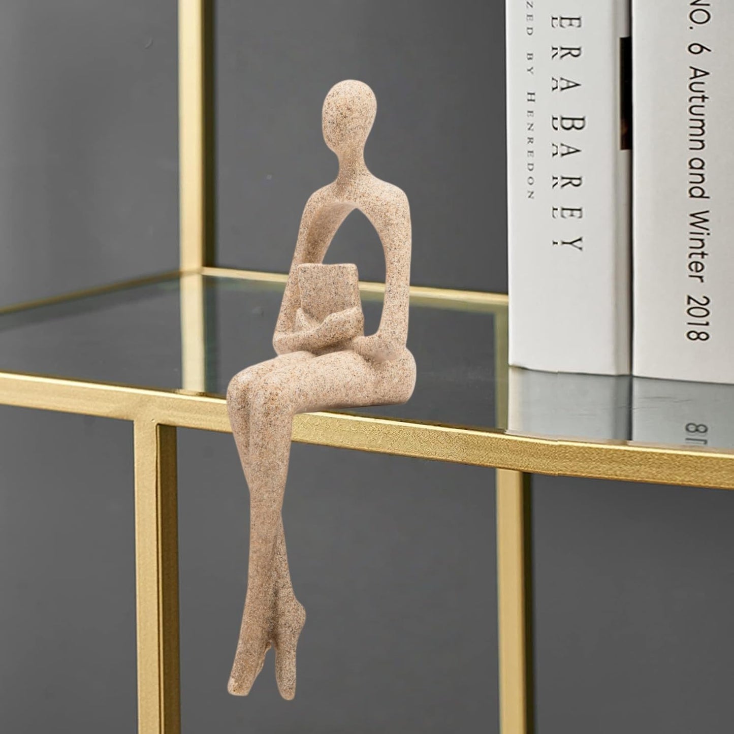 Gold Home Decor Thinker Statue Accents, Set of 3 Thinker Sculptures Office Decor Modern Abstract Resin Decoration on Shelf Table Desk for Living Room Office Bedroom Bookshelf Decor (Large Sandstone)