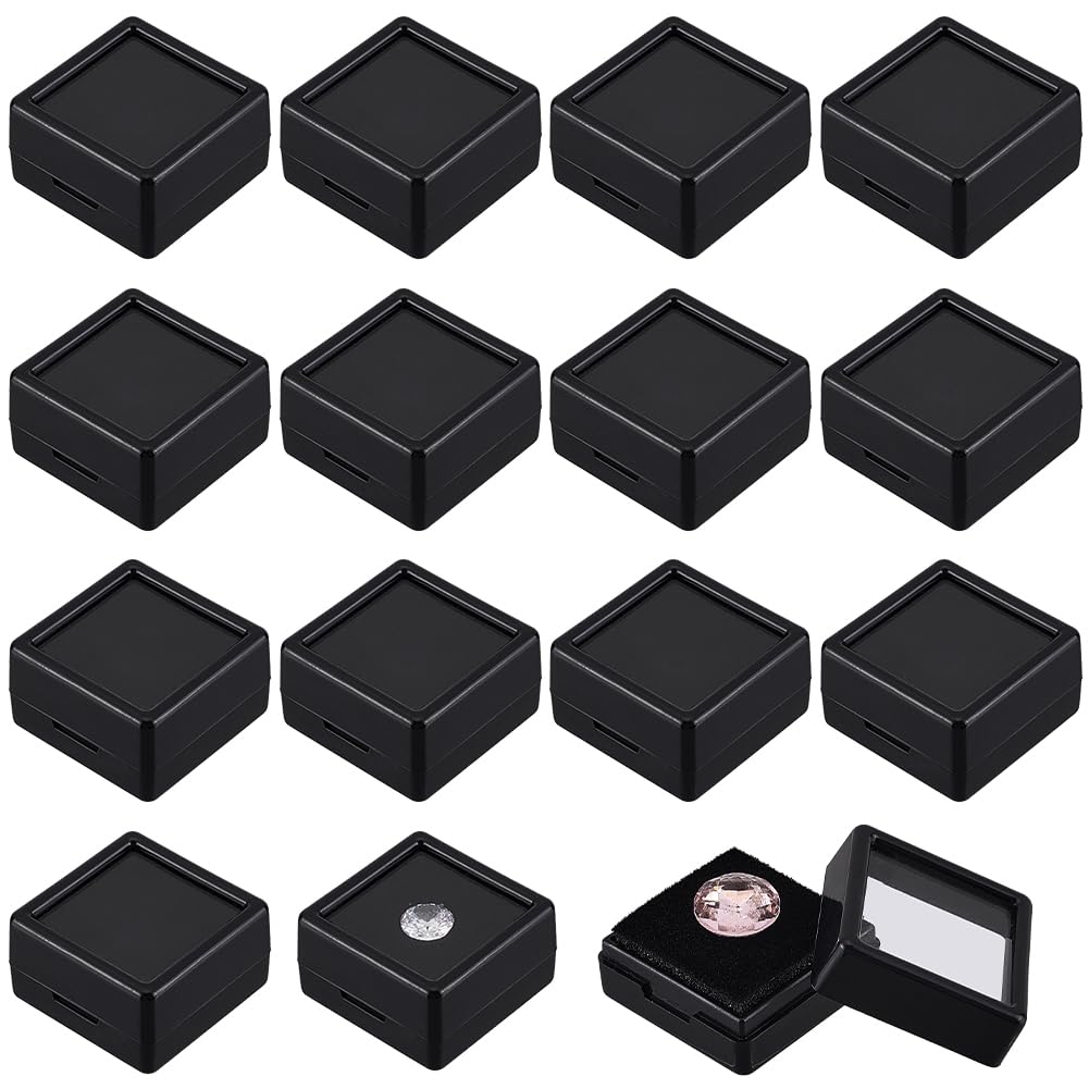 BENECREAT 70 Pack Black Gemstone Display Box, 1.16x1.16x0.63Inch Plastic Square Jewelry Storage Box with Clear Top Lids