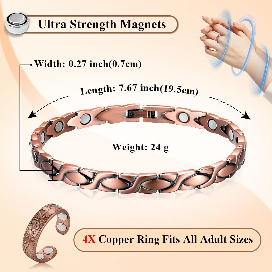 Vicmag Copper Bracelet for Women Ultra Strength Magnetic Bracelets with Effective Magnets 99.9% Pure Copper Jewelry Present with Adjustment Tool