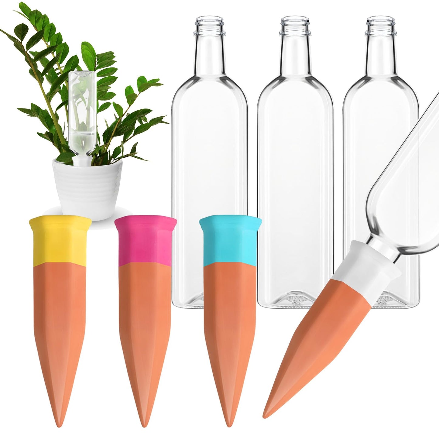 Ziliny 4 Pack Terracotta Watering Spikes Devices, Plant Self Watering Spikes with 25 oz Plastic Wine Bottles, Slow Release Vacation Insert Plant Waterer Devices for Indoor Outdoor
