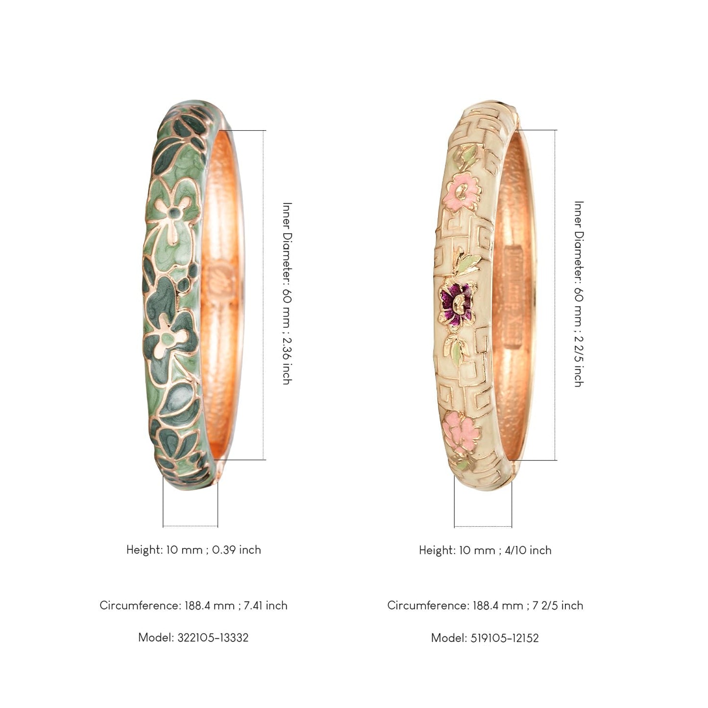 UJOY Vintage Cloisonne Bracelets Flower Enameled Jewelry Plated Cuff Bangle for Women Gift Box 55A100-55A114 Green Yellow