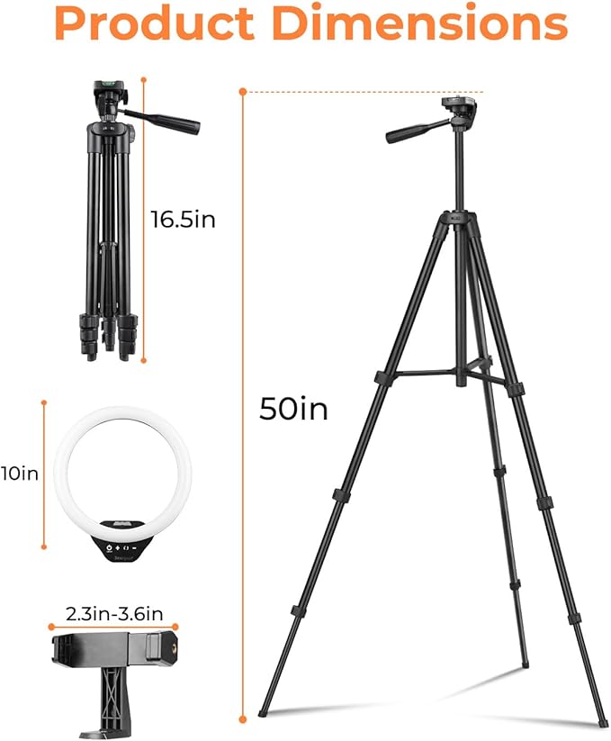 Sensyne 10'' Ring Light with 50'' Extendable Tripod Stand, LED Circle Lights with Phone Holder for Live Stream/Makeup/YouTube Video/TikTok, Compatible with All Phones