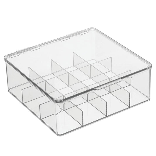 mDesign Plastic Kitchen Organiser — Practical Storage Box with 12 Compartments and Hinged Lid — Pantry Storage Box with Lid for Tea, Coffee, Spices and Other Foodstuffs — Clear
