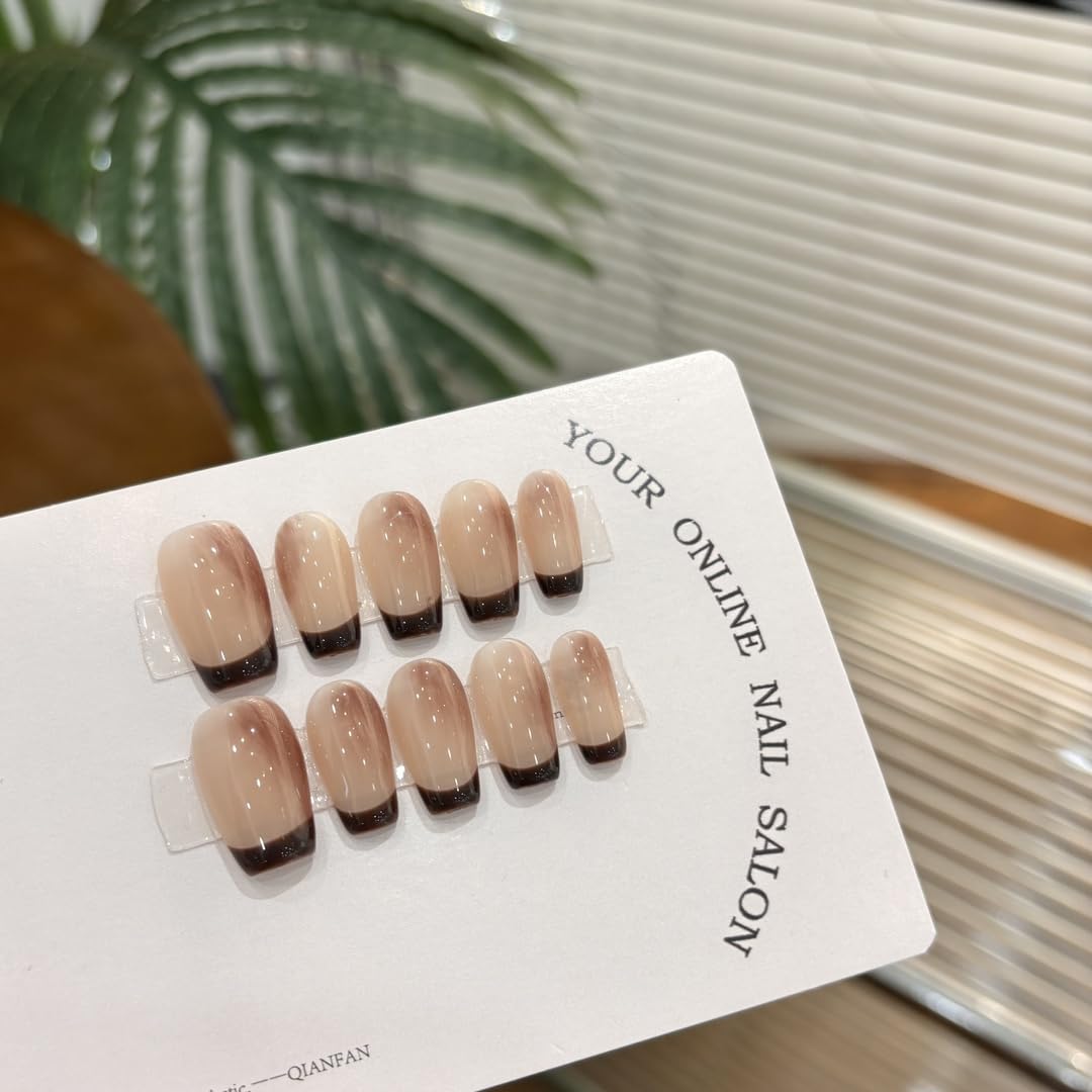 Mocha Gradient French Tip Press On Nails, Medium Almond Shape, Reusable Manicure Set，Gradient Nude Fake Nails for Office Wear (L)