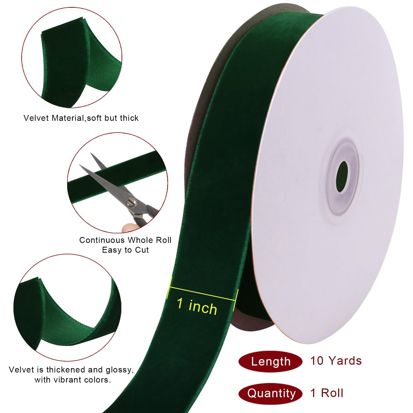 Tsorode 10 Yards Green Velvet Ribbon 1 Inch for Christmas Tree,Velvet Christmas Ribbon for Gift Wrapping Crafts Bow Wreath Holiday Decorations (Dark Green)