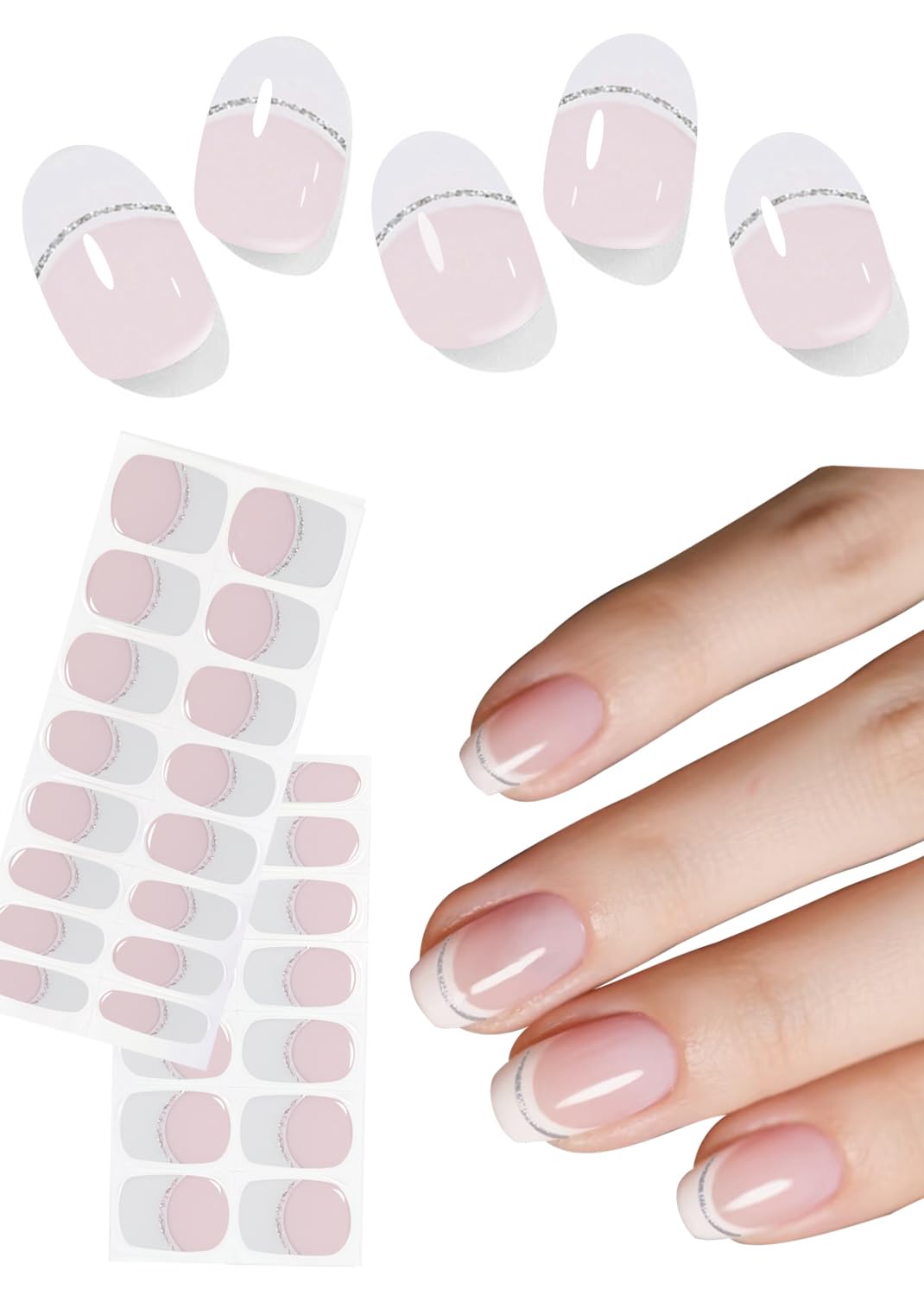 Semi Cured Gel Nail Strips, No LED Lamp Needed, French Glitter Gel Nail Stickers, Wraps for Home Manicure DIY