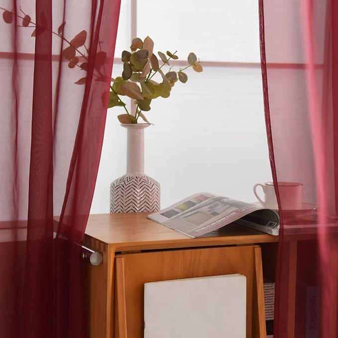 SpaceDresser Burgundy Sheer Curtains 4 Panels Rod Pocket Semi-Sheer Curtain 45 Inches Long Light Filtering Voile Window Drapes for Bedroom Living Room Kitchen, Each 52W x 45L