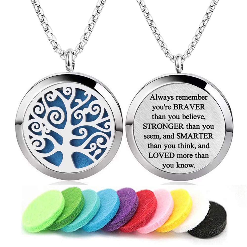 Aromatherapy Essential Oil Diffuser Necklace Stainless Steel lnspirational Locket Pendant(Tree of Life)