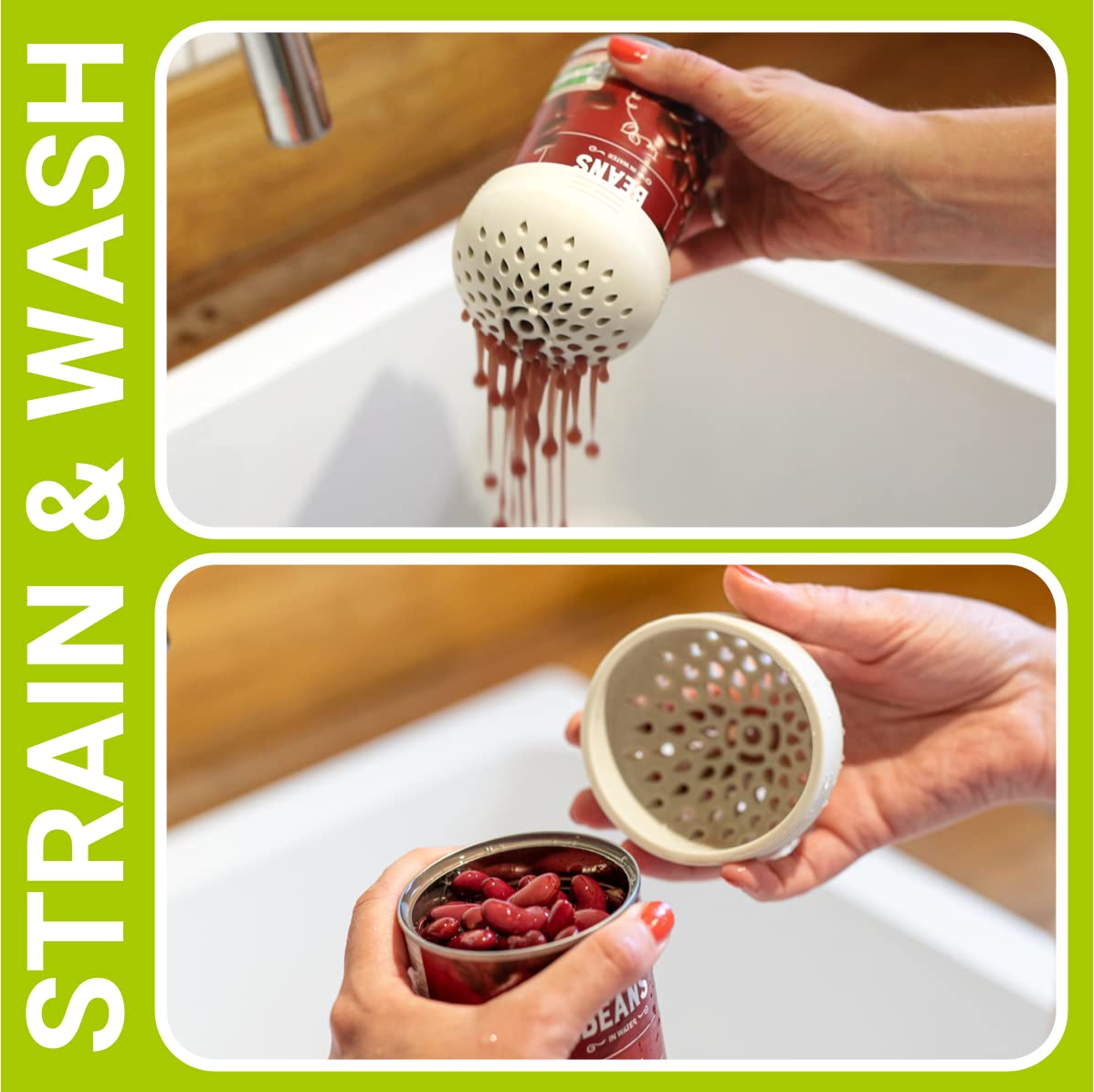SIFTR (GREEN) Nesting Can Strainer Mini Colander Set - Space Saving Small Colanders and Strainers - Multi Use Kitchen Gadget - Silicone Can Strainer