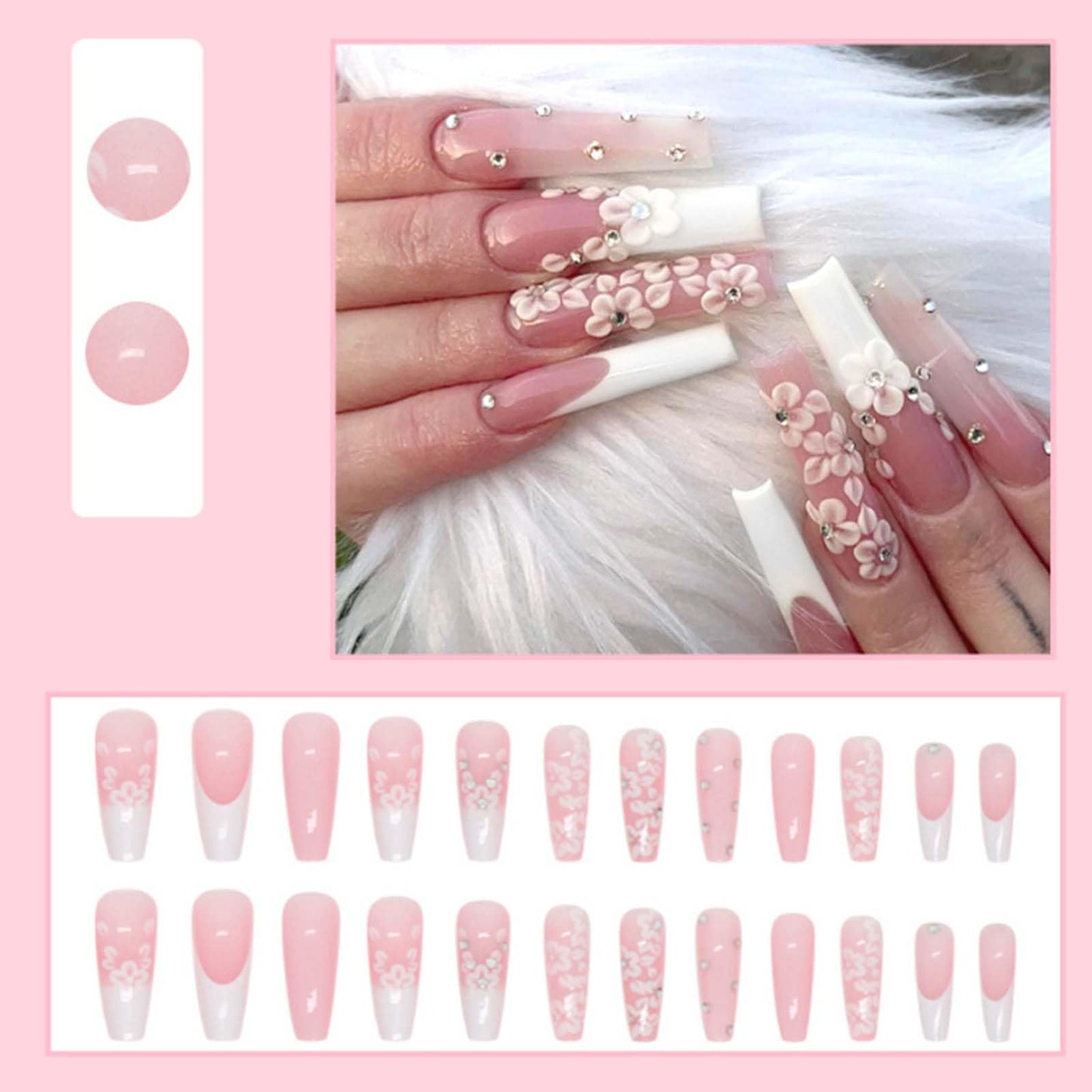 YoYoee Long Coffin False Nails French Gradient Press on Nails Full Cover Fake Nails Crystal Gem Design Nails Tips for Women and Girls 24PCS