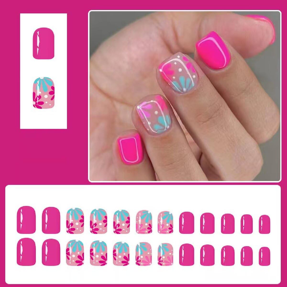 Pink Press on Nails Short Square Fake Nails with Flower Spot Design Full Cover Spring Stick on False Nails for Women 24 Pcs