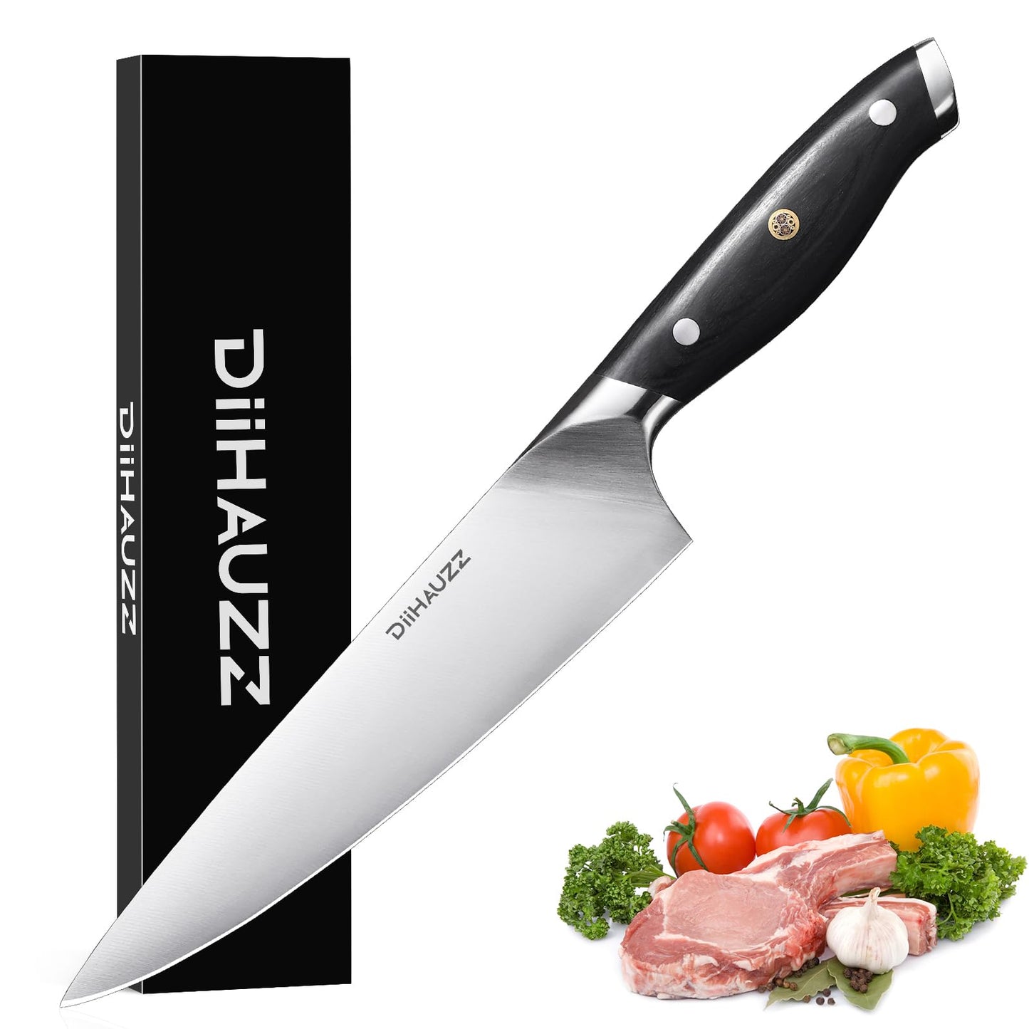 DiiHAUZZ Chef Knife, 8 Inch Ultra Sharp Kitchen Knife, Professional High Carbon Steel Chefs Knife with Full-Tang Ergonomic Handle for Kitchen, Gift Box for Mothers Day Gift