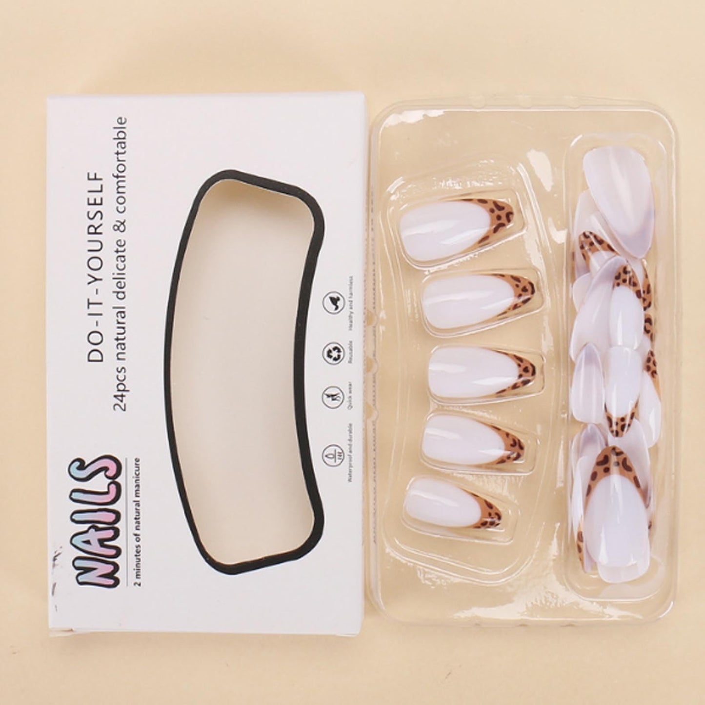Hkanlre Leopard Print Press on Nails Almond White Fake French Nails Tips Full Cover False Medium Nails for Women 24PCS