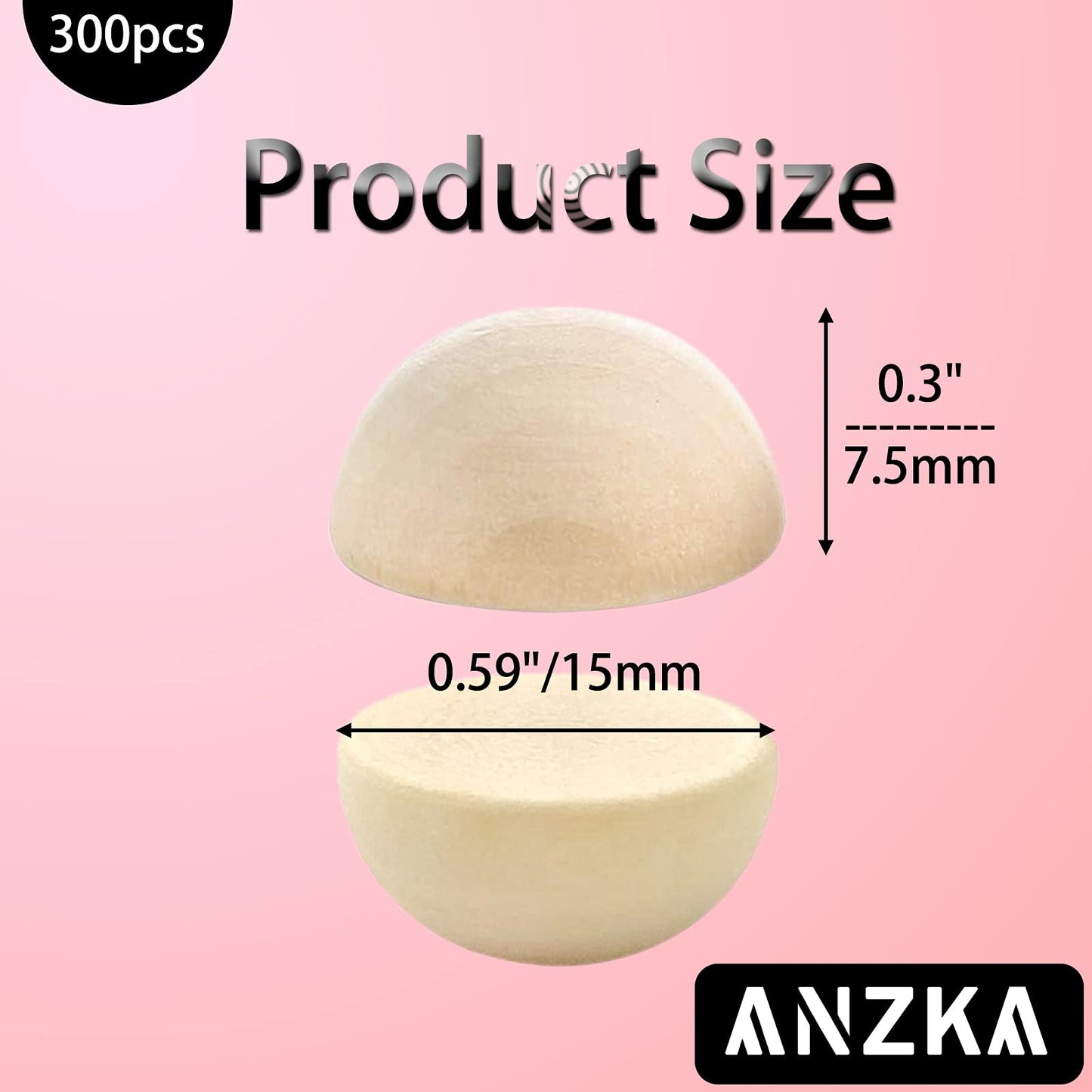 ANZKA 300pcs Small Half Beads for Crafts Wooden, 15mm Flat Wood Balls, 0.6 inch Diameter Wooden Hemisphere Bulk, Natural Half Sphere Ornaments