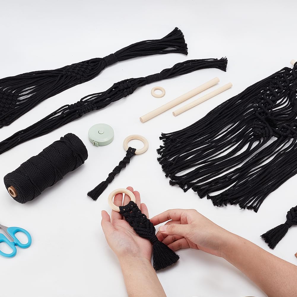IFNUNLY 8 Set Black DIY Macrame Kit for Beginners - Starter Kit with Wall Hanging, Plant Hanger, Keychain & Instructions