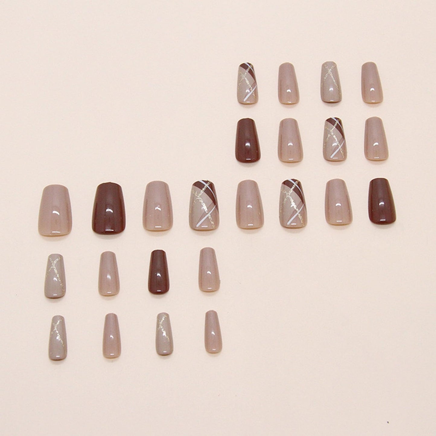24Pcs Press on Nails Medium Coffin Fake Nails with Golden Glitter White Lines Designs Glossy Nails Press ons Brown Full Cover Glue on Nails Acrylic Nails Artificial Stick on Nails for Women