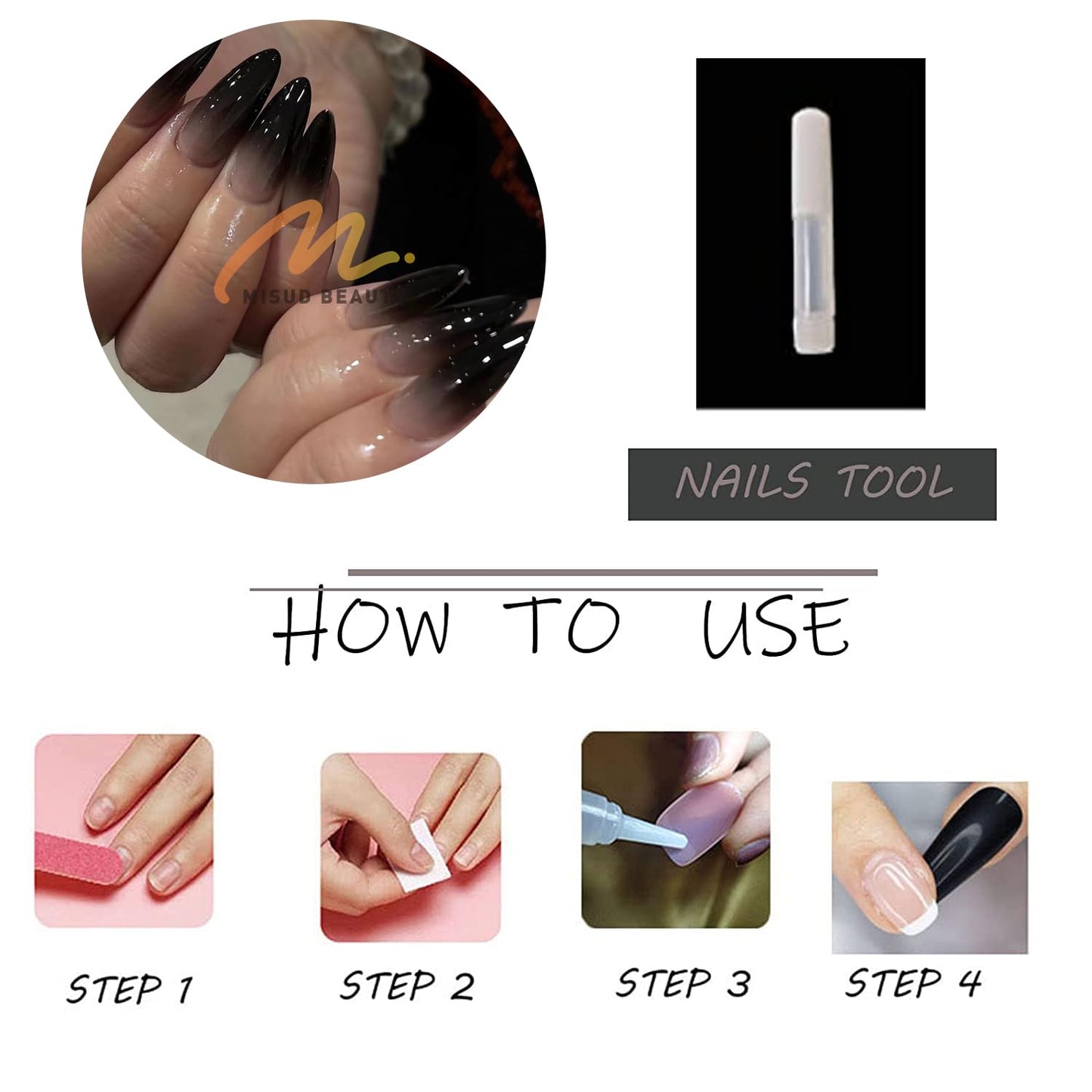 MISUD Press on Nails - Medium Almond Glue on Nails with Goth Black, Acrylic Gothic Design 24 pcs
