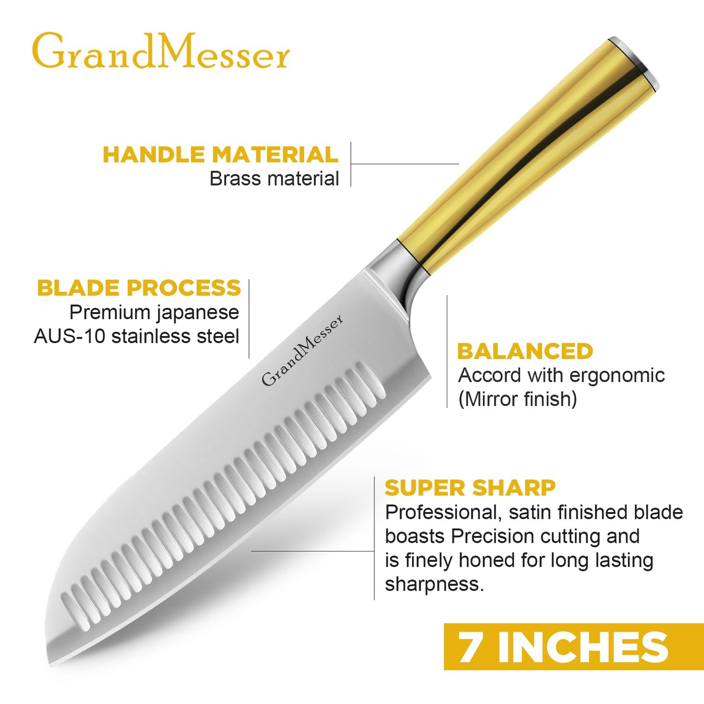 GrandMesser Santoku Knife, Chef's Kitchen Knife 7 Inch, Japanese Steel AUS-10 Chef Knife, with Pure Copper Ergonomic Handle & Gift Box.