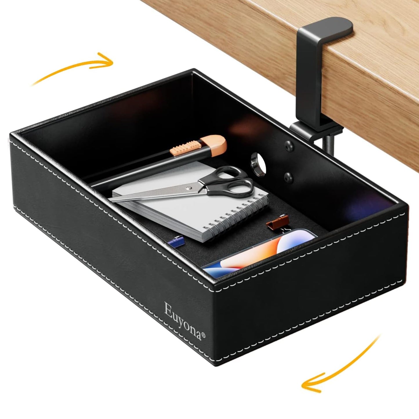 Euyona PU Leather Under Desk Organizer with 360° Rotating Clamp – for Computer Accessories, Stationery, Remote Control & Phone Storage, Black