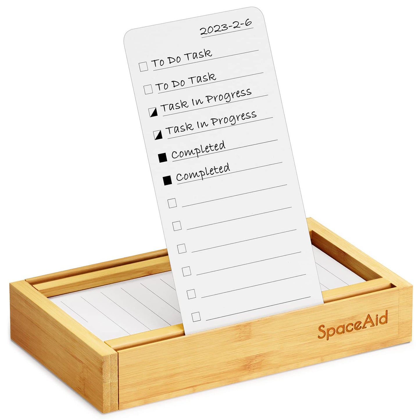 SpaceAid PlannerNeat To Do List Planner, Daily ToDo Checklist Notepad Organizer with Bamboo Holder, Productivity System Planners Notebook for Office Work Supplies (Bamboo, 50 Cards)