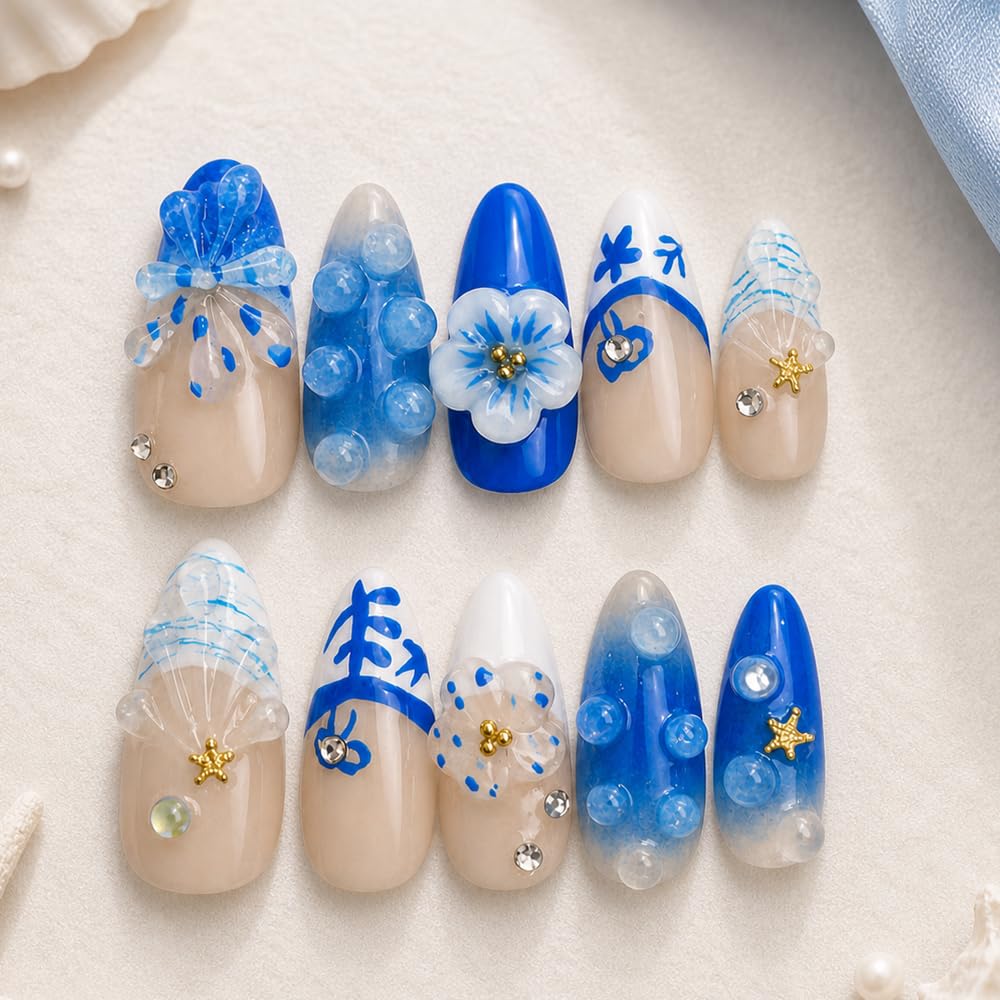 2IM Studio Handmade Press On Nails – 10 Piece Soft Gel Nail Kit with Glue & Tool Set, Reusable Artisan Nails, Salon-Quality Finish (Blue Reef-S)