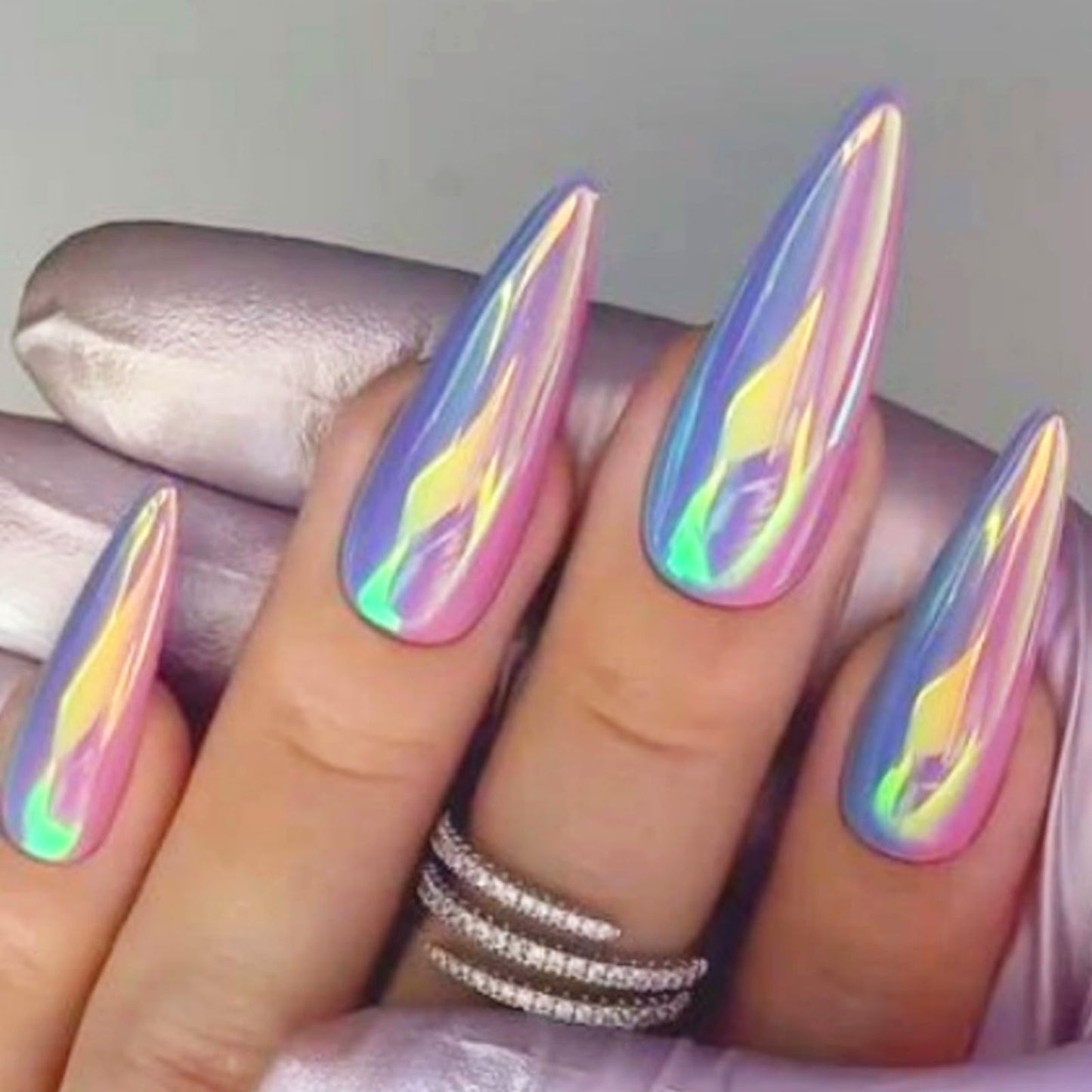 24Pcs Chrome Press on Nails Medium Almond Fake Nails Purple Aurora False Nails Glossy Quality Nail Tips Full Cover Glue on Nail Cute Acrylic Stick on Nails for Women Quick Manicure Kit