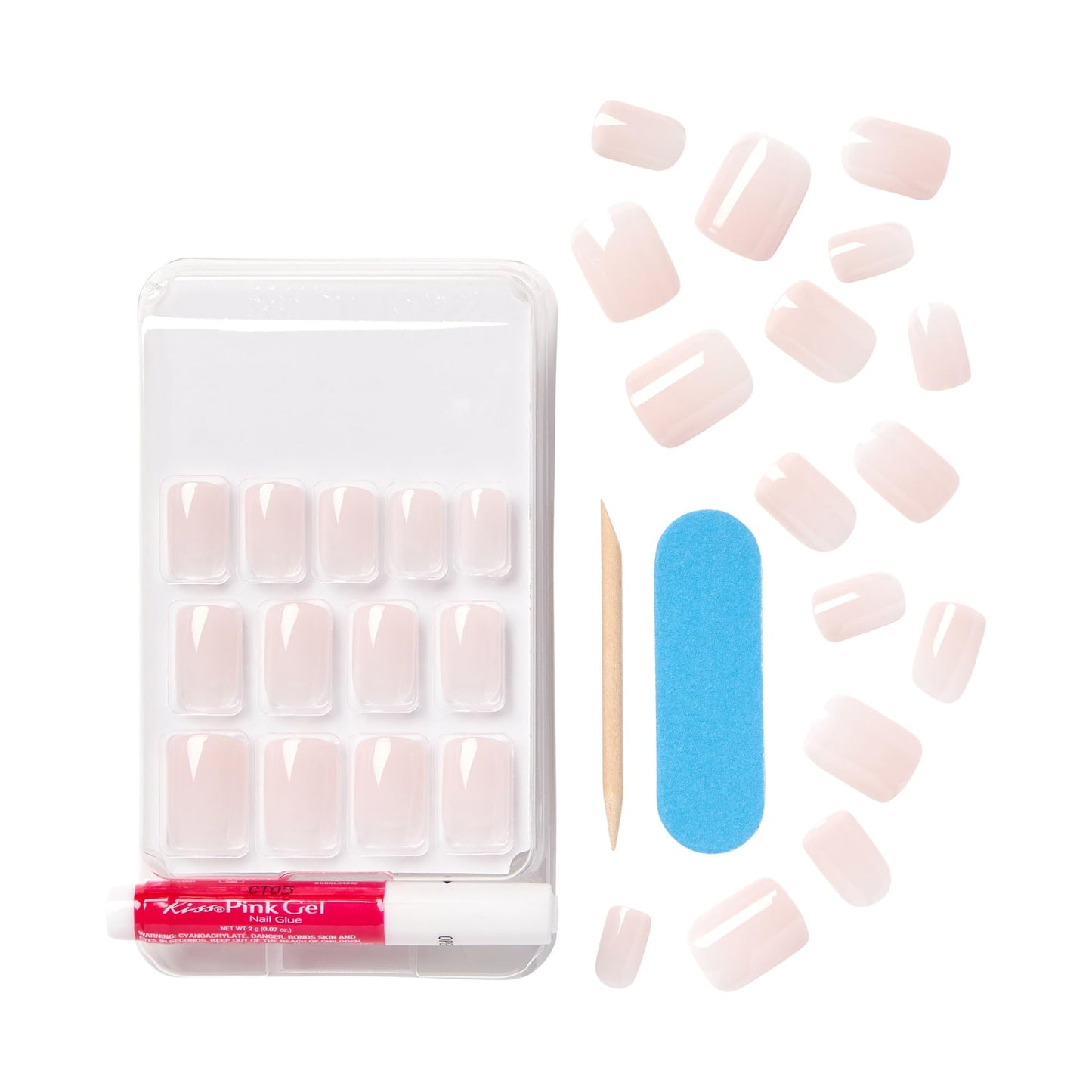 KISS Bare but Better Press On Nails, Glossy Pink, Short Length, Square Shape, 28 Fake Nails, Pink Gel Nail Glue Net Wt. 2g (0.07 Oz.), Mini Nail File, & Manicure Stick