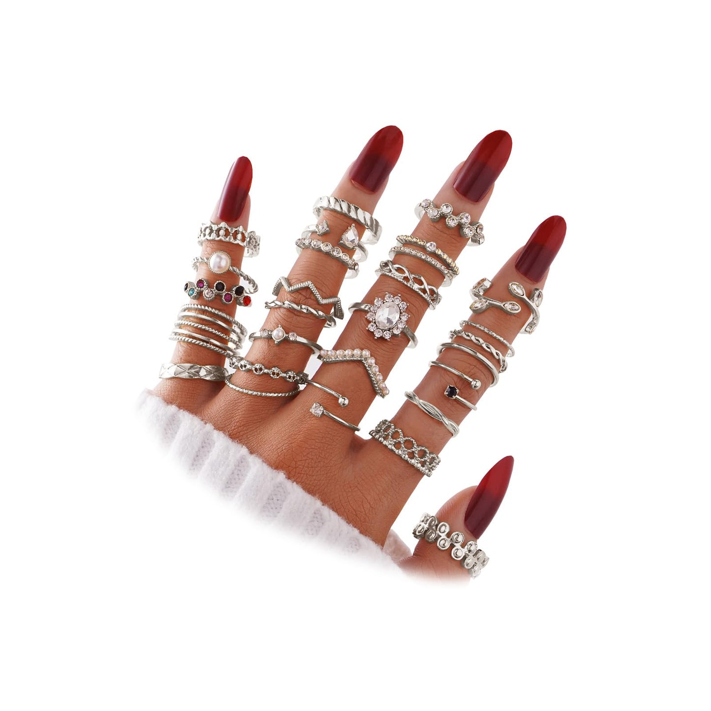 IFKM 28 Pcs Silver Knuckle Rings Set For Women Vintage Stackable Joint Finger Midi Rings Dainty Cubic Zirconia Crystal Simple Twist Hollow Cute Rings Pack Jewelry Gift (Starry Sky, Silver)