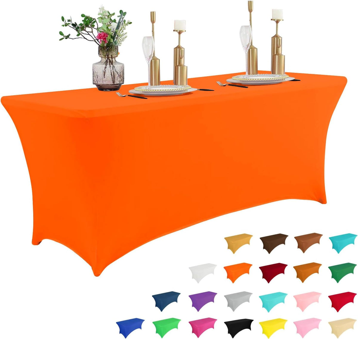 IVAPUPU 8FT Table Cloth for Rectangular Fitted Events Stretch Orange Table Covers Washable Cover Spandex Tablecloth Protector for Party, Wedding, Cocktail, Banquet, Festival
