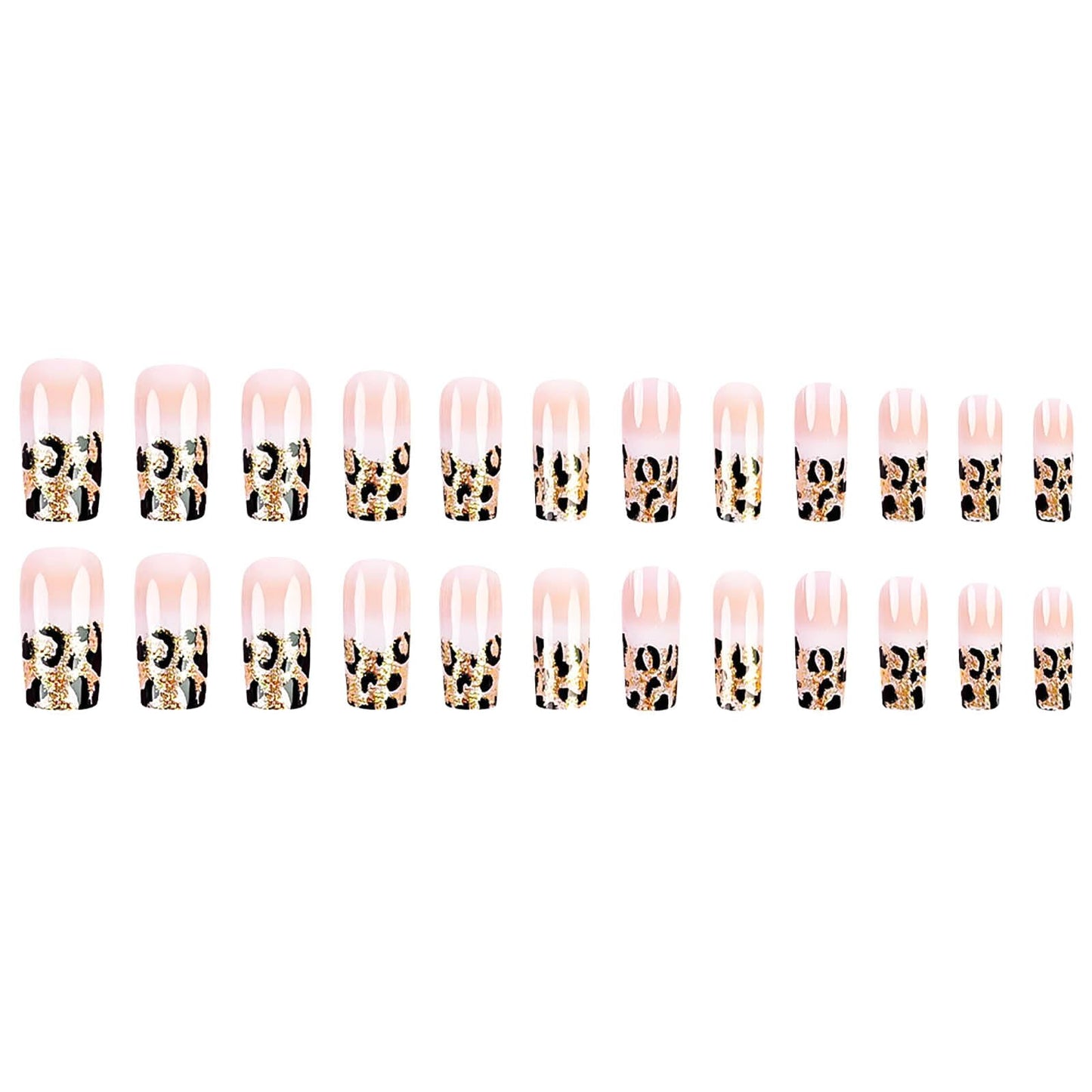RUOKEXIN Medium Square Press on Nails French Tip Fake Nails Glitter Ombre False Nails with Leopard Designs Medium Nail Press ons Sparkly Artificial Nails Cute Stick on Nails for Women 24Pcs