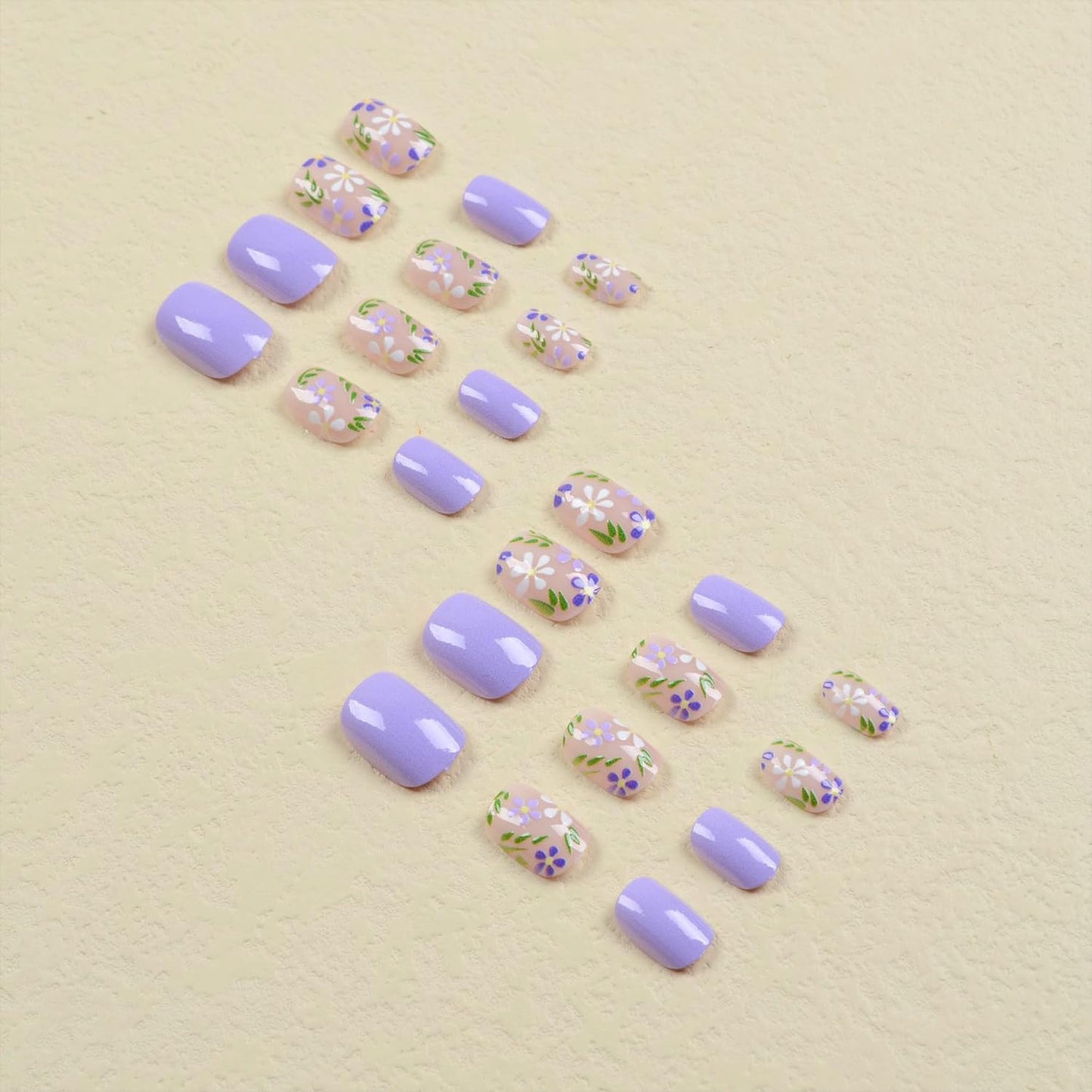 Purple Press on Nails Short Oval Fake Nails Glossy False Nails With Purple White Flowers Designs Full Cover Stick on Nails Reusable Floral Artificial Nails Glue on Nails for Women 24Pcs