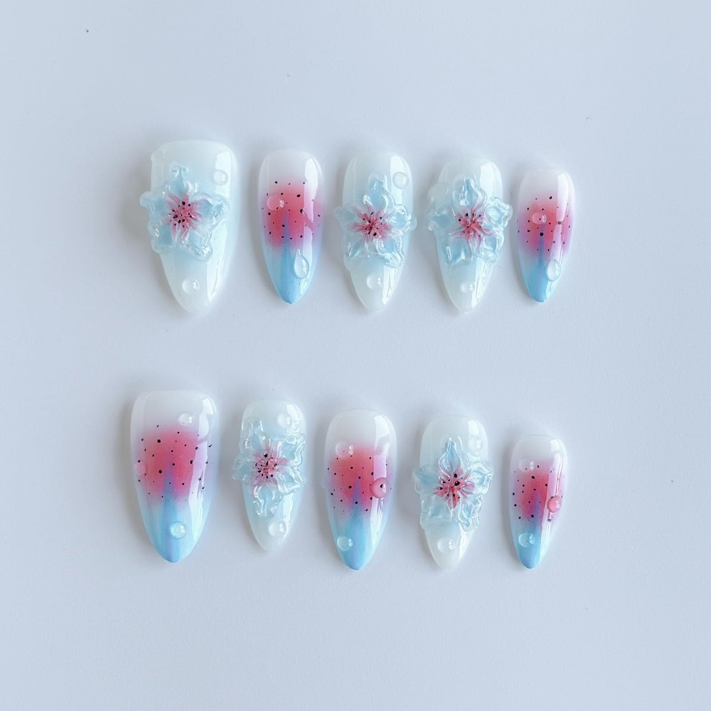 Luxury Press on Nails Medium Almond Handmade 3D Unique Reusable ABS Material Fake Nails Blue False Nails with Designs Water Drop Pink&Blue Flower Art Petal Glossy Thick Acrylic Nails(M)