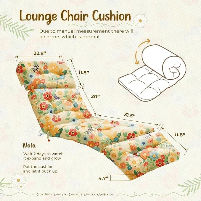 4 Pack Outdoor Chaise Lounge Chair Cushion 75.1 x 22.8 x 4.7 Inches 100% Waterproof Replacement Cotton Patio Pool Lounge Chair Cushion for Outdoor Furniture with Ties,Daisy