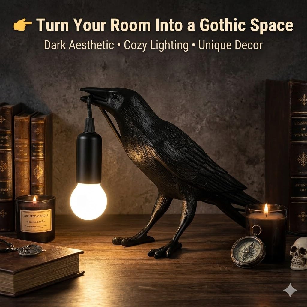 Shandaglo Raven Lamp Gothic Decor, Black Crow Table Lamp with LED Bulb, Unique Dark Aesthetic Night Light for Bedroom Desk, Halloween Home Decoration Gift
